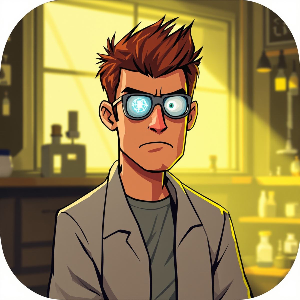 Dexter profile picture with bright lab scene and expressive cartoon genius presence