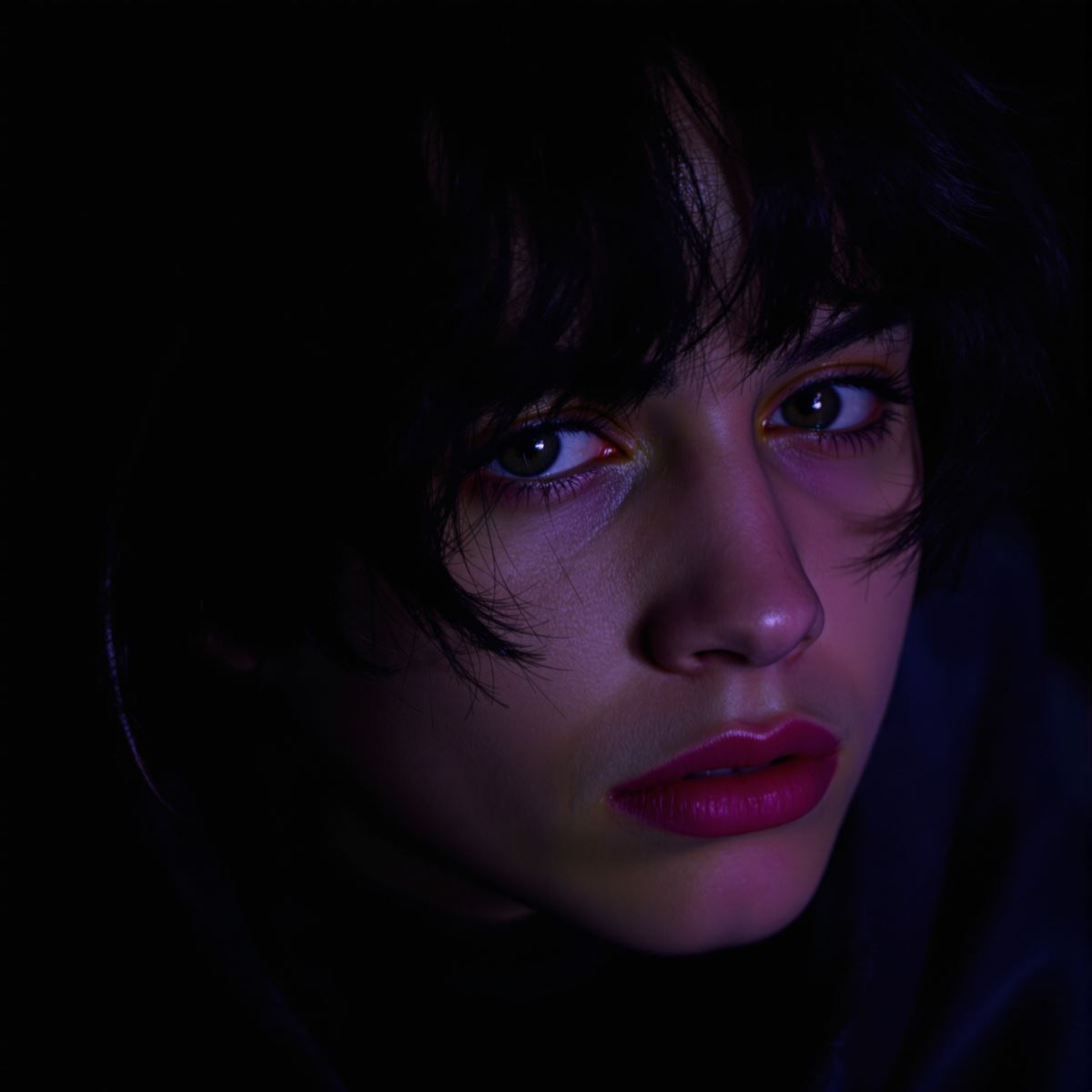 Soft emo profile picture with gentle sadness and calm dark tone