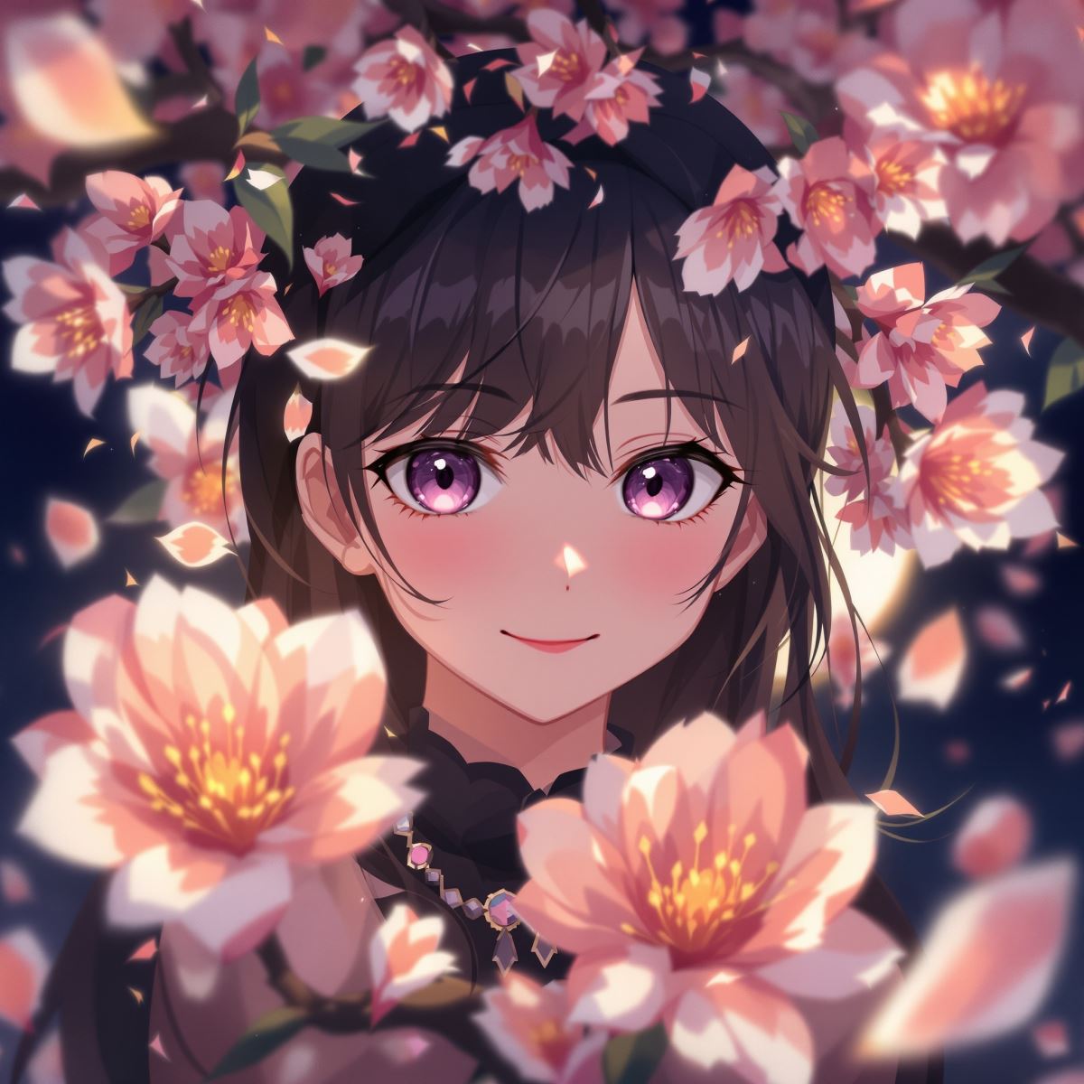 Petal night Kuromi profile picture with soft floral night aesthetic and cute gothic balance