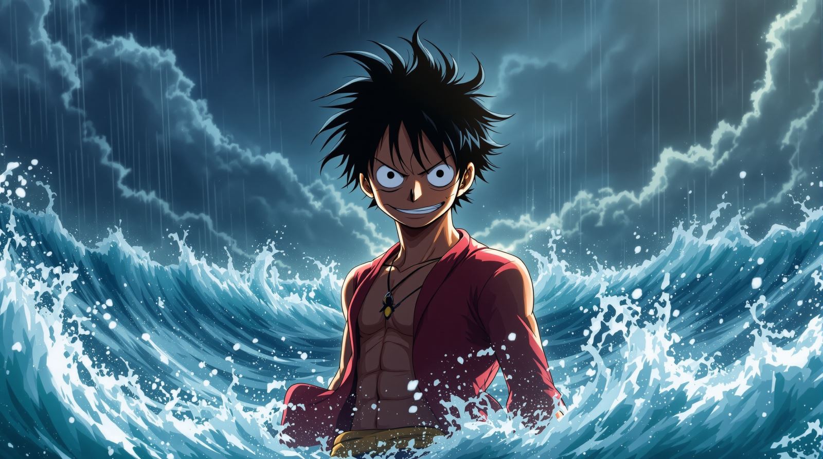 Stormy ocean Luffy PFP with intense anime hero energy and dramatic atmosphere