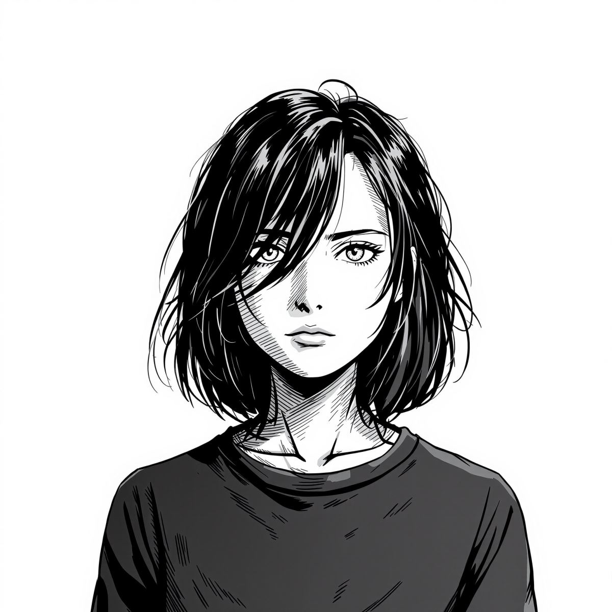 Manga avatar with bold focus and strong black and white anime contrast