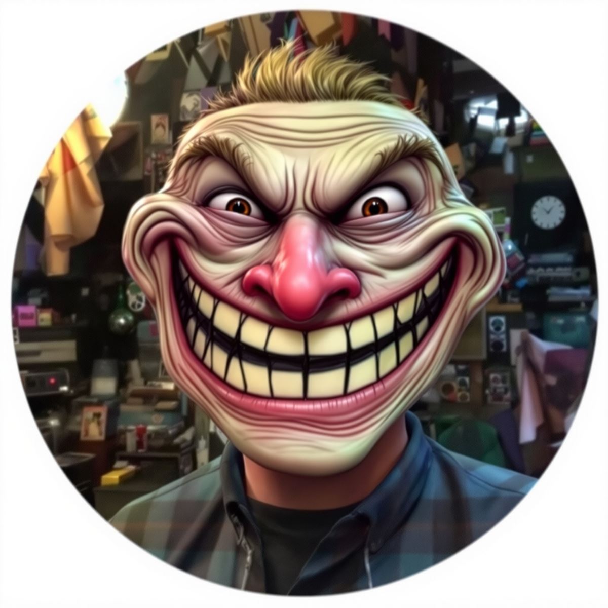 Troll avatar with mischievous identity and viral humor energy
