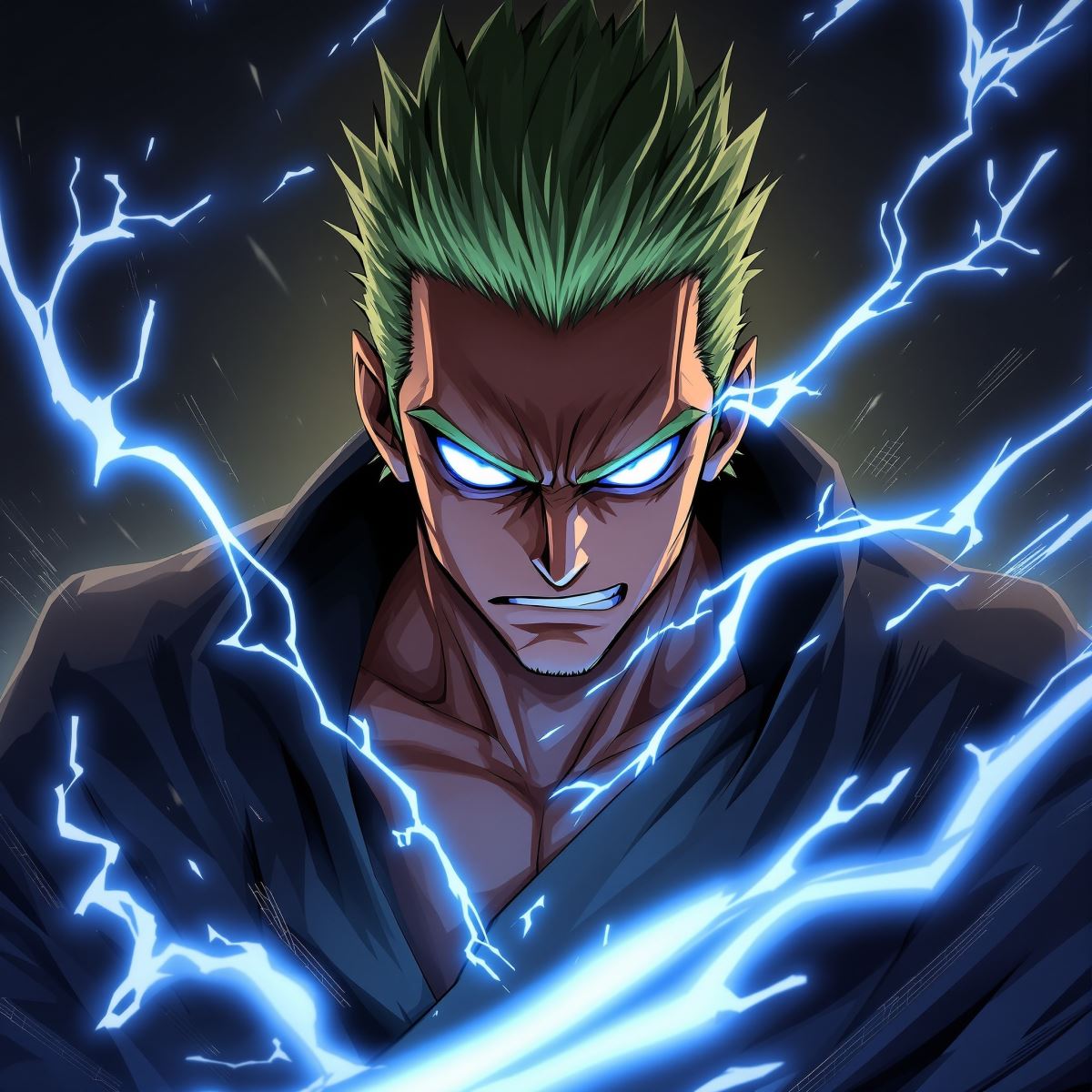 Zoro PFP with emerald storm aura and powerful anime presence